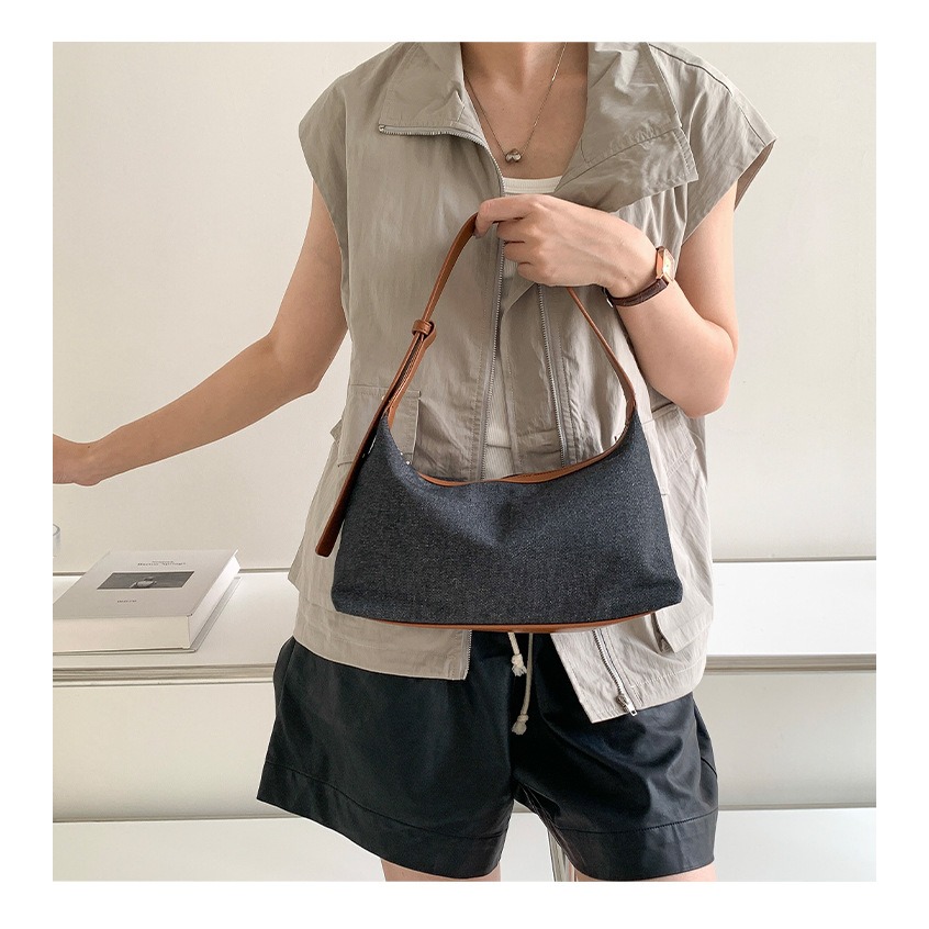 高級感拼接設計⧑⌺LF117個性休閒風皮革牛仔拼接腋下包 單肩包 肩背包 休閒手提包 牛仔布包 手提包-細節圖3