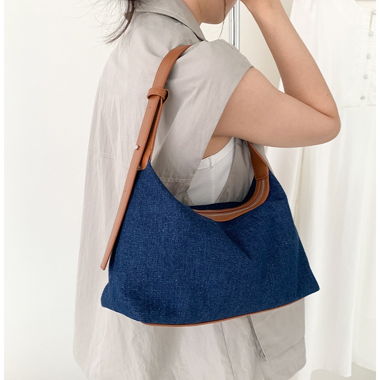 高級感拼接設計⧑⌺LF117個性休閒風皮革牛仔拼接腋下包 單肩包 肩背包 休閒手提包 牛仔布包 手提包-細節圖4