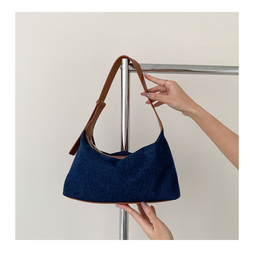 高級感拼接設計⧑⌺LF117個性休閒風皮革牛仔拼接腋下包 單肩包 肩背包 休閒手提包 牛仔布包 手提包-細節圖5