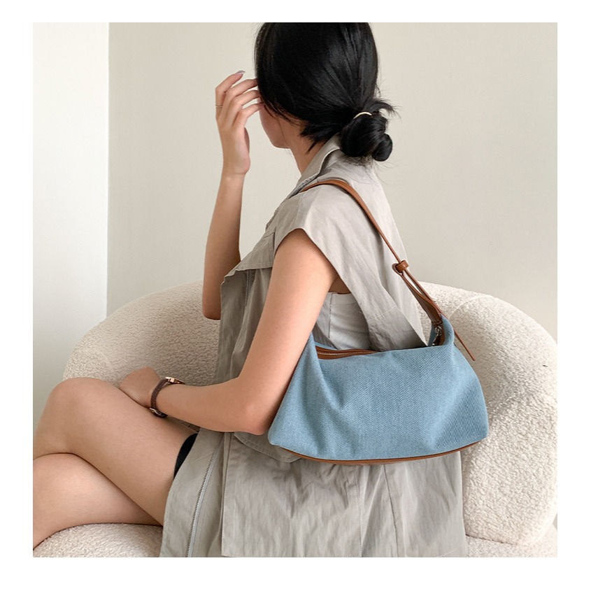 高級感拼接設計⧑⌺LF117個性休閒風皮革牛仔拼接腋下包 單肩包 肩背包 休閒手提包 牛仔布包 手提包-細節圖6