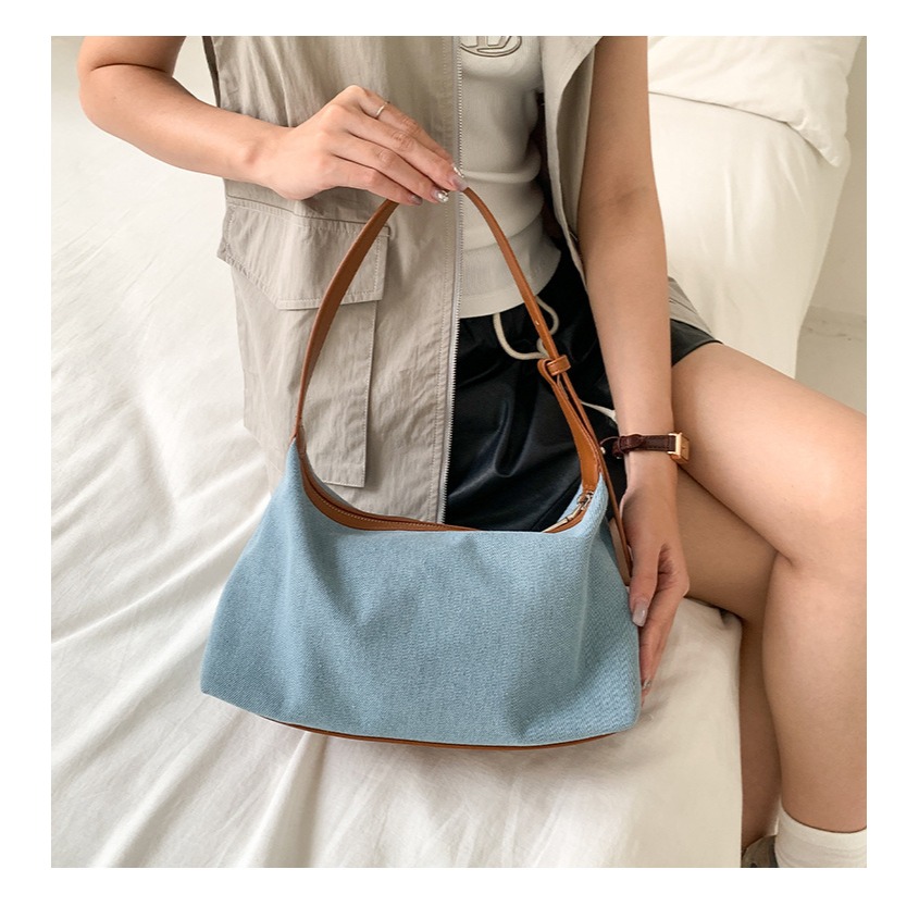 高級感拼接設計⧑⌺LF117個性休閒風皮革牛仔拼接腋下包 單肩包 肩背包 休閒手提包 牛仔布包 手提包-細節圖7