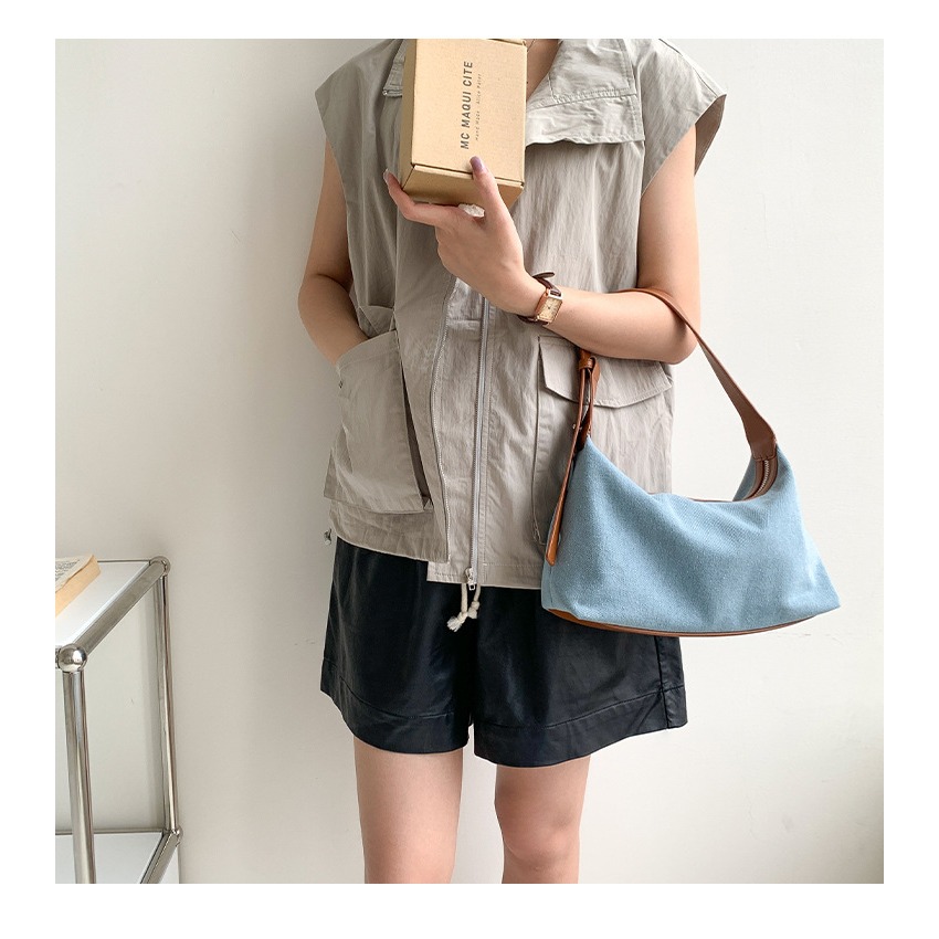 高級感拼接設計⧑⌺LF117個性休閒風皮革牛仔拼接腋下包 單肩包 肩背包 休閒手提包 牛仔布包 手提包-細節圖9