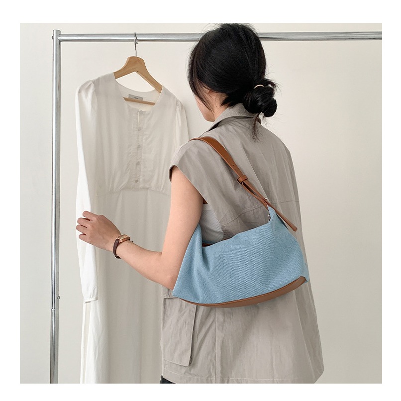 高級感拼接設計⧑⌺LF117個性休閒風皮革牛仔拼接腋下包 單肩包 肩背包 休閒手提包 牛仔布包 手提包-細節圖10