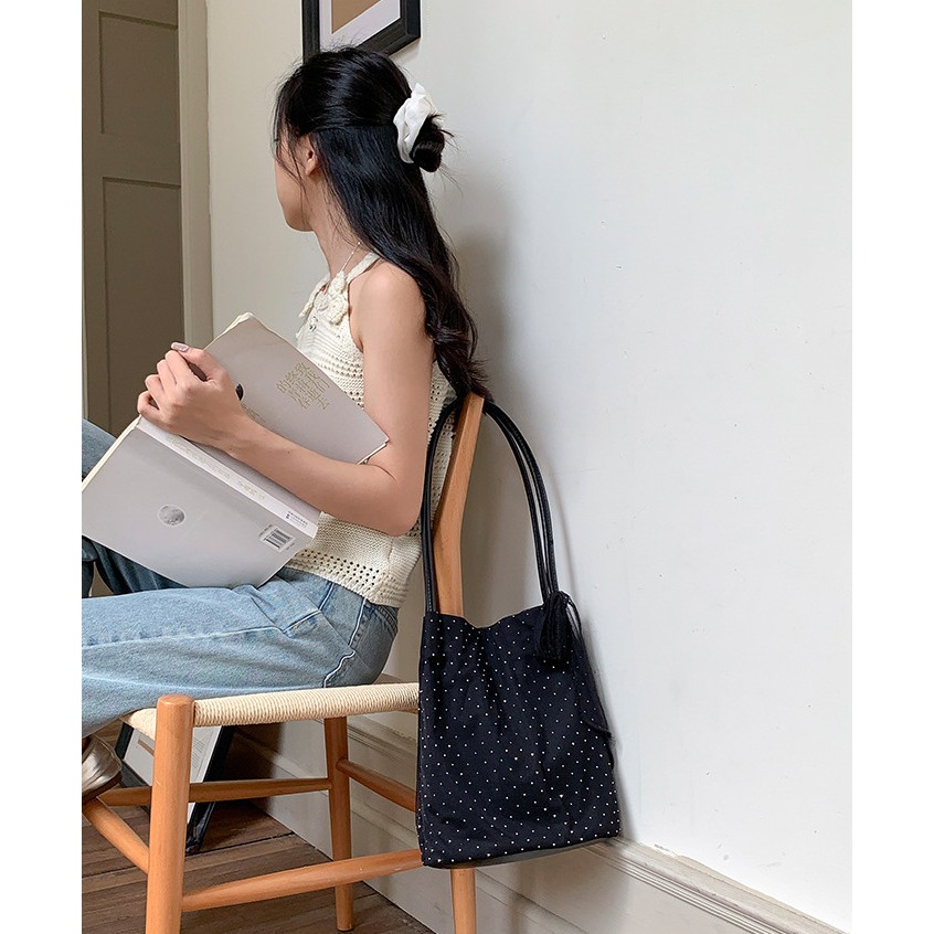 甜美少女😎 A70013🇰🇷溫柔尼龍蝴蝶結鑲鑽托特包 通勤單肩包 百搭 大容量 尼龍包包 輕便型 韓國包包-細節圖2