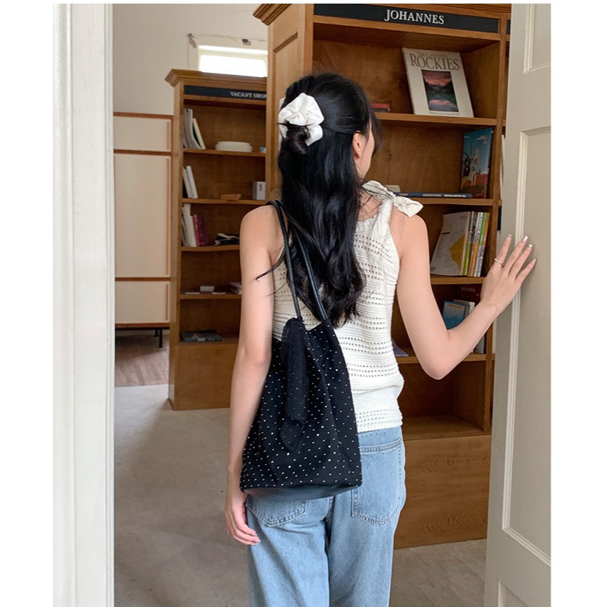 甜美少女😎 A70013🇰🇷溫柔尼龍蝴蝶結鑲鑽托特包 通勤單肩包 百搭 大容量 尼龍包包 輕便型 韓國包包-細節圖3