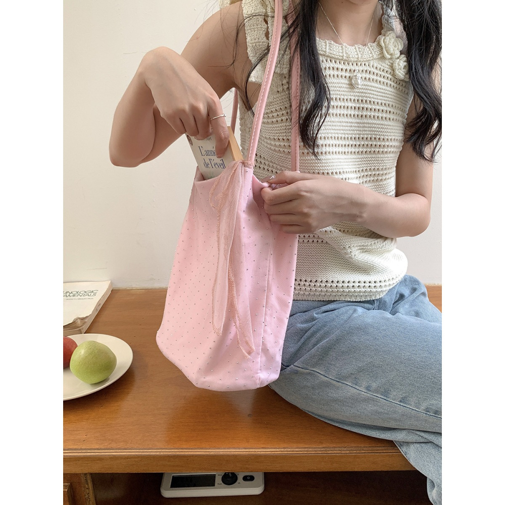 甜美少女😎 A70013🇰🇷溫柔尼龍蝴蝶結鑲鑽托特包 通勤單肩包 百搭 大容量 尼龍包包 輕便型 韓國包包-細節圖4