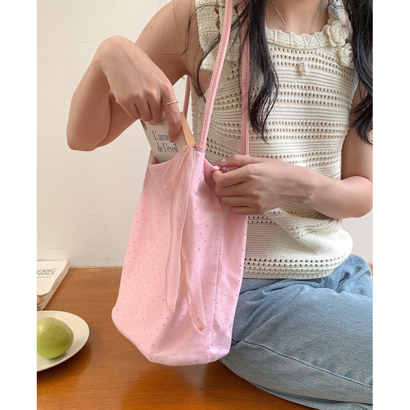 甜美少女😎 A70013🇰🇷溫柔尼龍蝴蝶結鑲鑽托特包 通勤單肩包 百搭 大容量 尼龍包包 輕便型 韓國包包-細節圖5