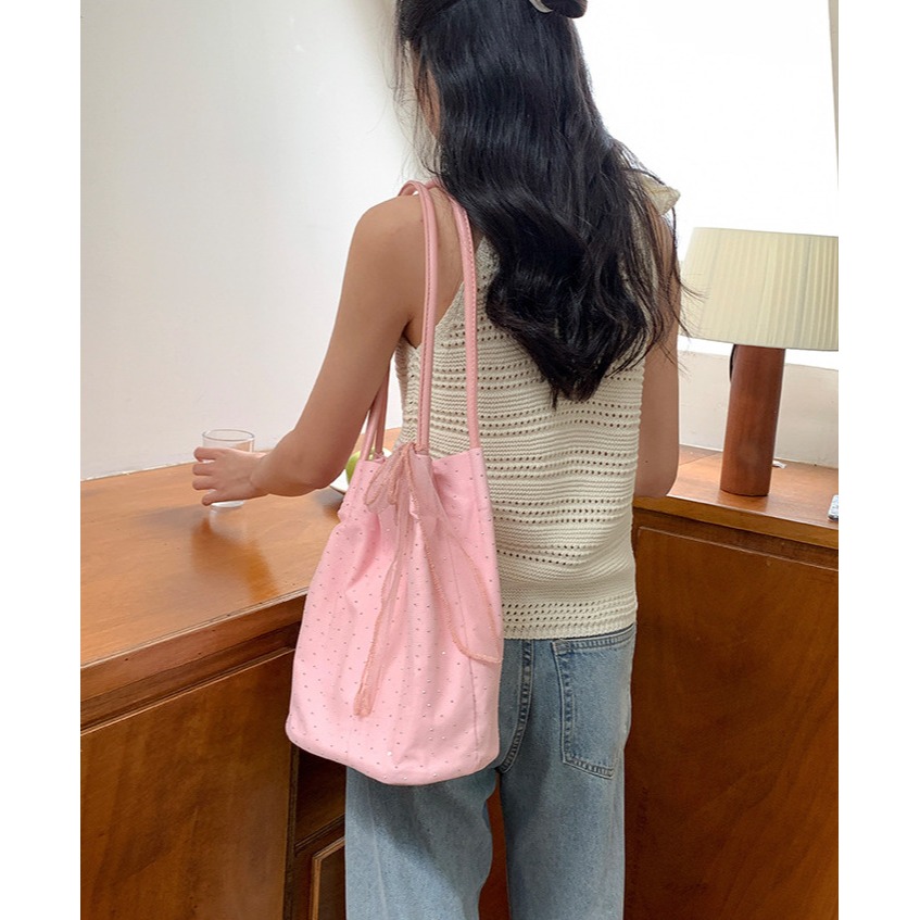 甜美少女😎 A70013🇰🇷溫柔尼龍蝴蝶結鑲鑽托特包 通勤單肩包 百搭 大容量 尼龍包包 輕便型 韓國包包-細節圖6