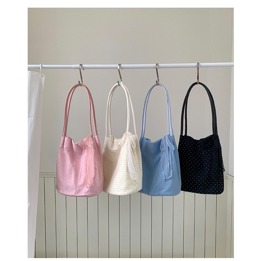 甜美少女😎 A70013🇰🇷溫柔尼龍蝴蝶結鑲鑽托特包 通勤單肩包 百搭 大容量 尼龍包包 輕便型 韓國包包-細節圖7