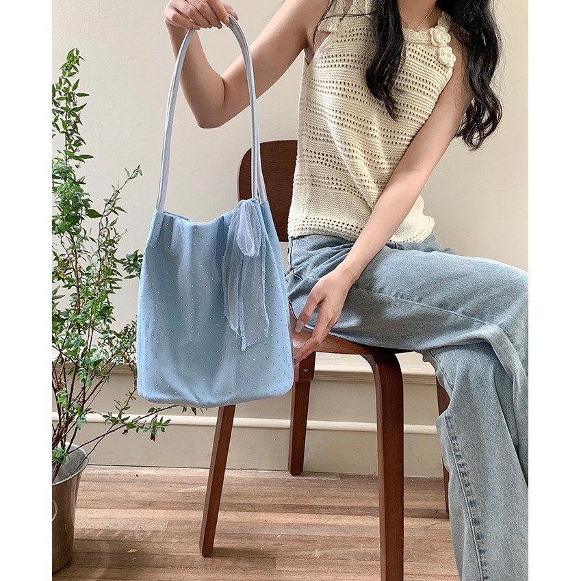 甜美少女😎 A70013🇰🇷溫柔尼龍蝴蝶結鑲鑽托特包 通勤單肩包 百搭 大容量 尼龍包包 輕便型 韓國包包-細節圖8