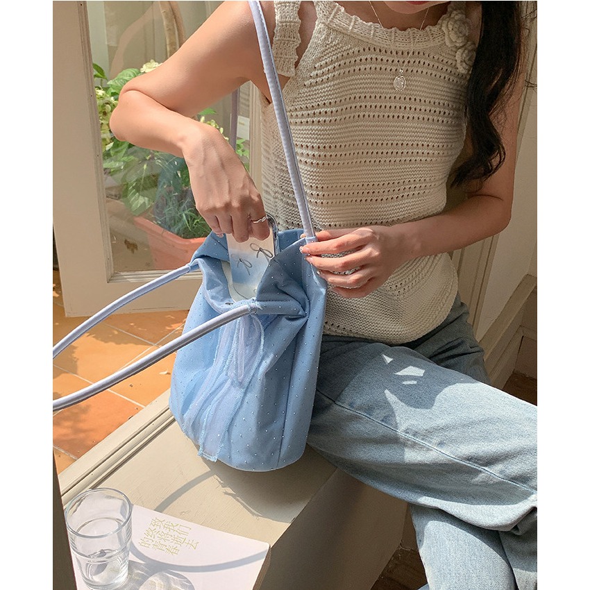 甜美少女😎 A70013🇰🇷溫柔尼龍蝴蝶結鑲鑽托特包 通勤單肩包 百搭 大容量 尼龍包包 輕便型 韓國包包-細節圖9