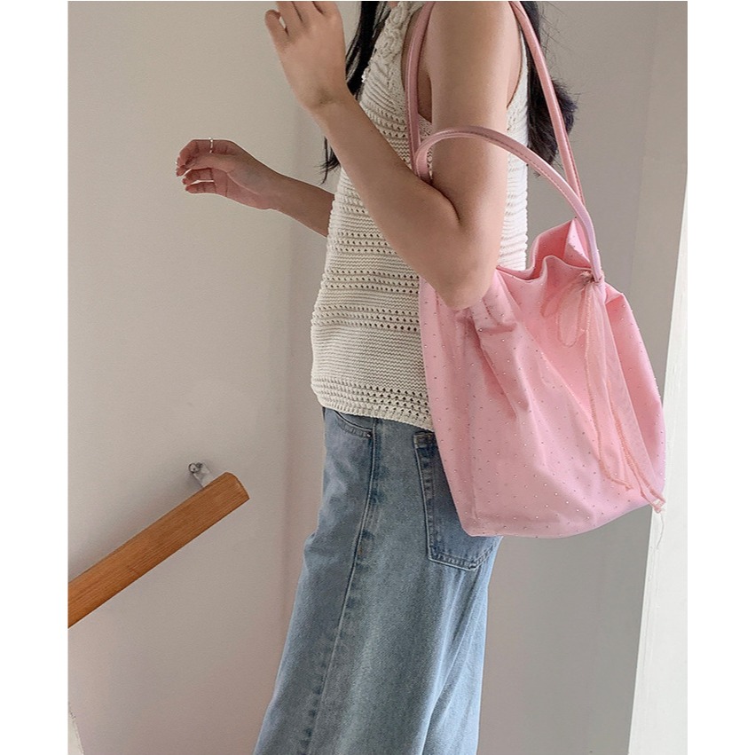 甜美少女😎 A70013🇰🇷溫柔尼龍蝴蝶結鑲鑽托特包 通勤單肩包 百搭 大容量 尼龍包包 輕便型 韓國包包-細節圖10