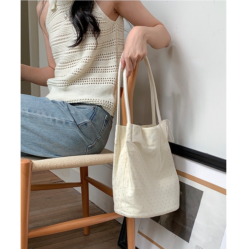 甜美少女😎 A70013🇰🇷溫柔尼龍蝴蝶結鑲鑽托特包 通勤單肩包 百搭 大容量 尼龍包包 輕便型 韓國包包-細節圖11