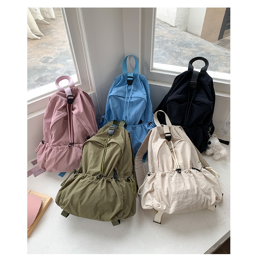粉嫩調色盤🌸會不會太好裝😊『U80031』韓國大學生創意拉繩皺褶後背包 雙肩包 韓國背包 尼龍雙肩包-細節圖2