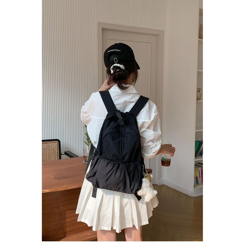 粉嫩調色盤🌸會不會太好裝😊『U80031』韓國大學生創意拉繩皺褶後背包 雙肩包 韓國背包 尼龍雙肩包-細節圖6