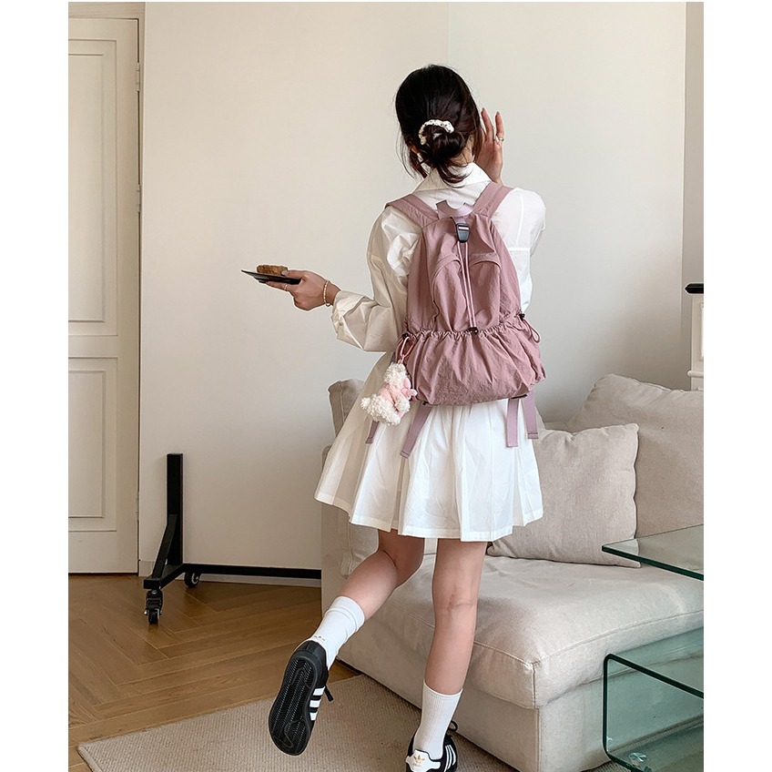 粉嫩調色盤🌸會不會太好裝😊『U80031』韓國大學生創意拉繩皺褶後背包 雙肩包 韓國背包 尼龍雙肩包-細節圖7