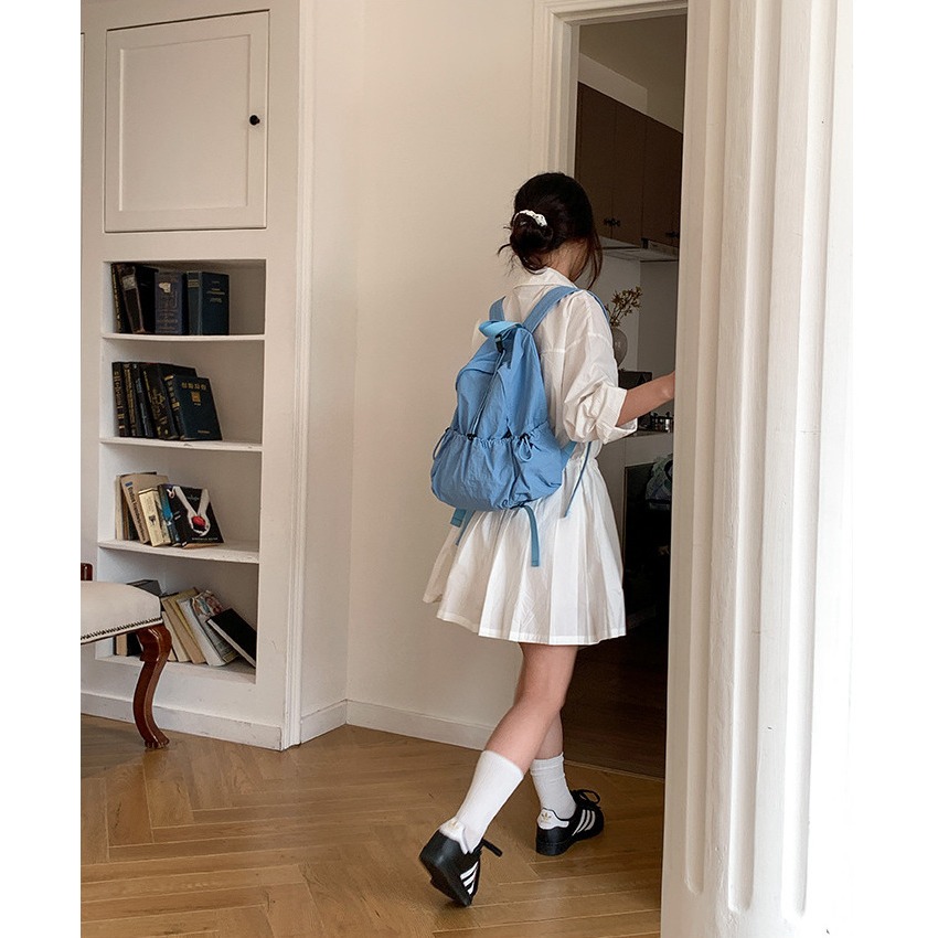 粉嫩調色盤🌸會不會太好裝😊『U80031』韓國大學生創意拉繩皺褶後背包 雙肩包 韓國背包 尼龍雙肩包-細節圖11