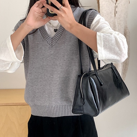 韓國2024新款皮質▩▩U550簡約純色大容量單肩波士頓包 大氣時尚通勤腋下包 托特包 波士頓包 腋下包 肩背包-細節圖5