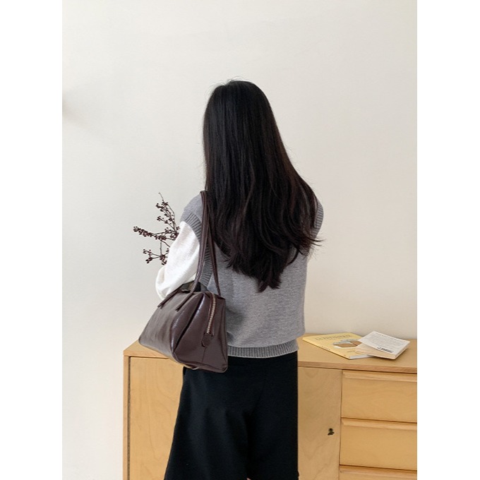 韓國2024新款皮質▩▩U550簡約純色大容量單肩波士頓包 大氣時尚通勤腋下包 托特包 波士頓包 腋下包 肩背包-細節圖7