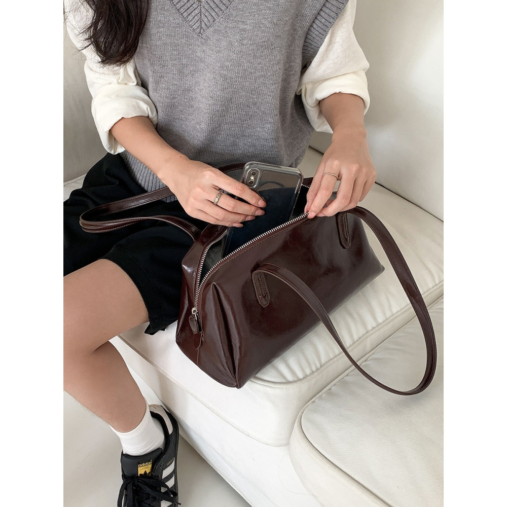 韓國2024新款皮質▩▩U550簡約純色大容量單肩波士頓包 大氣時尚通勤腋下包 托特包 波士頓包 腋下包 肩背包-細節圖11