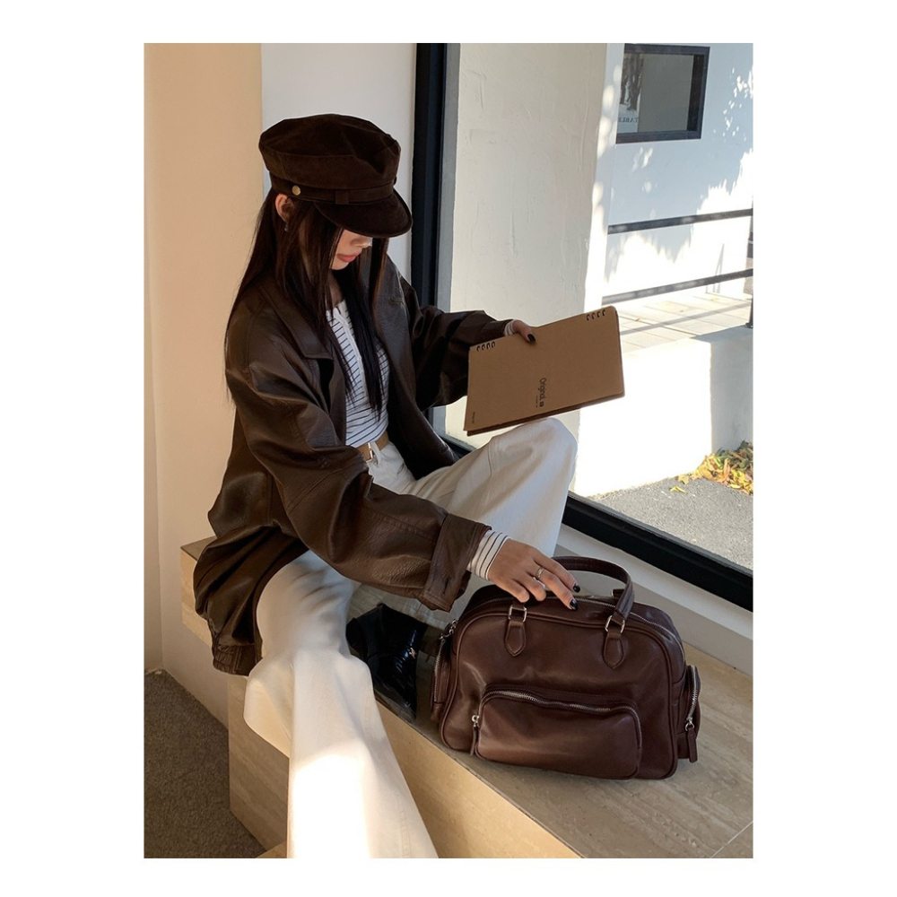 韓國代購款～新款◘『608#』時尚輕復古大容量手提保齡球包 手提包 多功能腋下包 大容量通勤包 韓國腋下包 包包-細節圖5