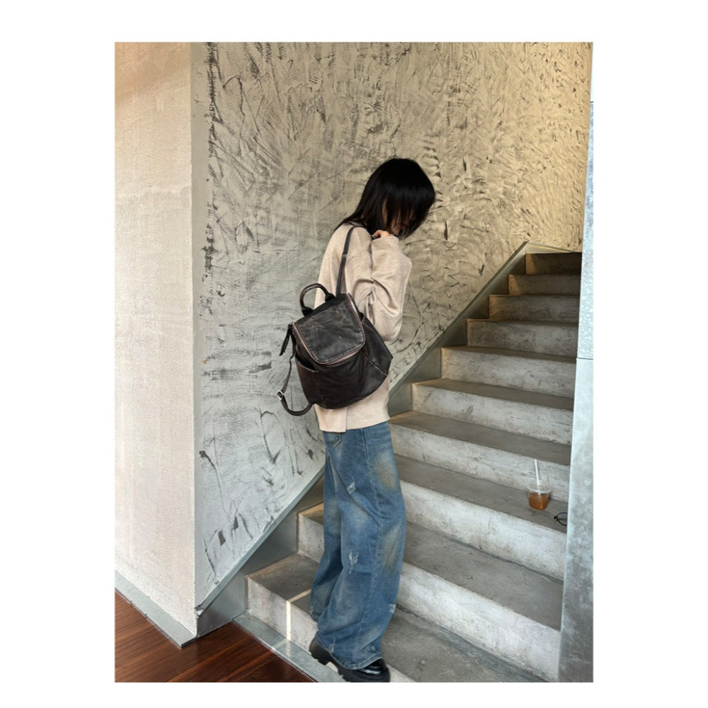 時髦出街⧔洗水復古好好看『616#』文藝感高級做舊雙肩包 後背包 韓國雙肩包 通勤包 背包 大容量後背包-細節圖6