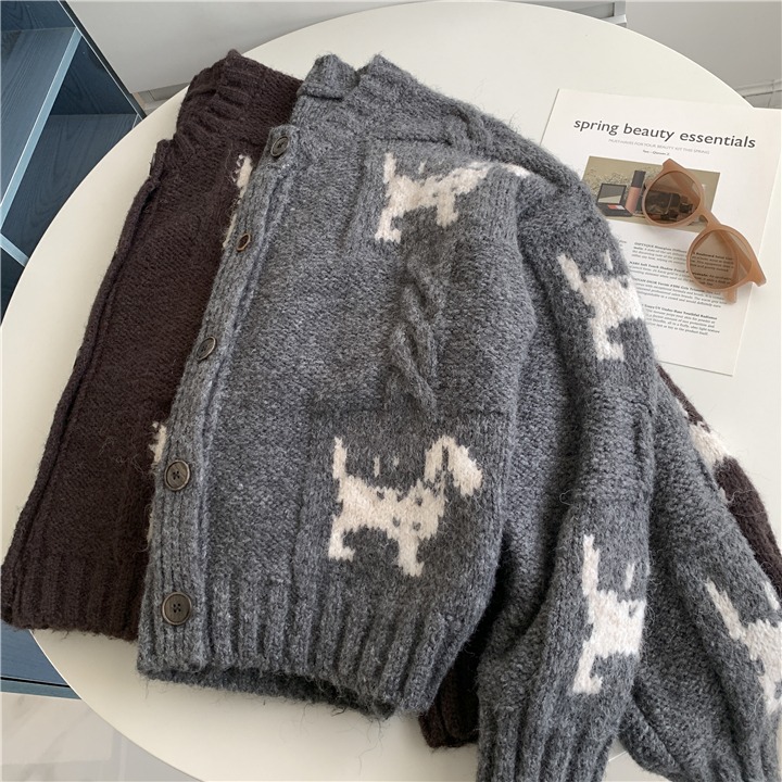 狗狗提花🐶🐶含羊毛！自留款<015>復古小狗造型懶惰風羊毛針織外套 針織開衫外套 韓羊毛上衣 毛衣外套 針織衫-細節圖2