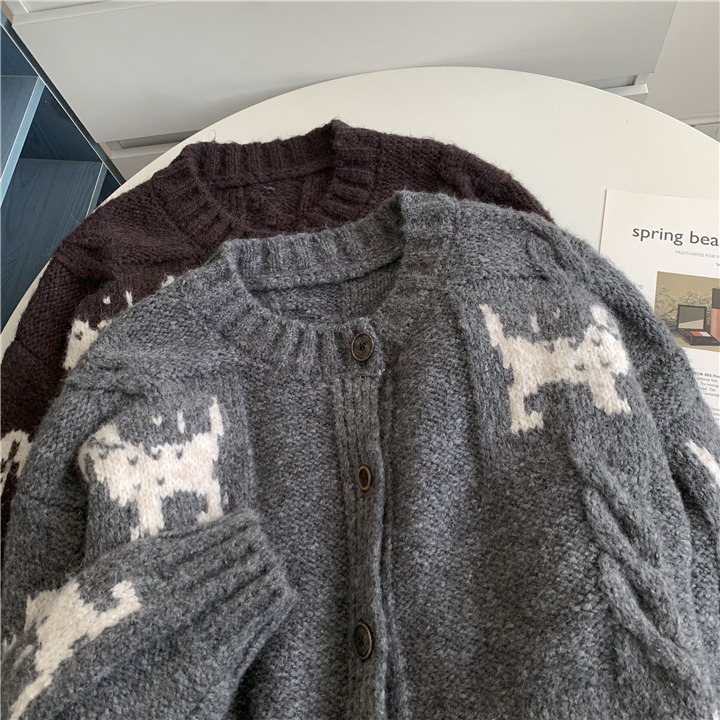 狗狗提花🐶🐶含羊毛！自留款<015>復古小狗造型懶惰風羊毛針織外套 針織開衫外套 韓羊毛上衣 毛衣外套 針織衫-細節圖3