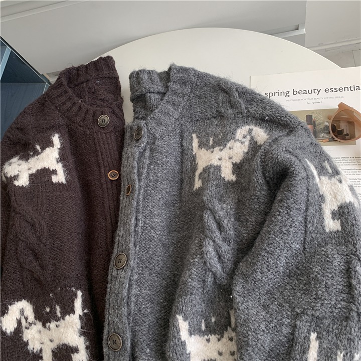 狗狗提花🐶🐶含羊毛！自留款<015>復古小狗造型懶惰風羊毛針織外套 針織開衫外套 韓羊毛上衣 毛衣外套 針織衫-細節圖4