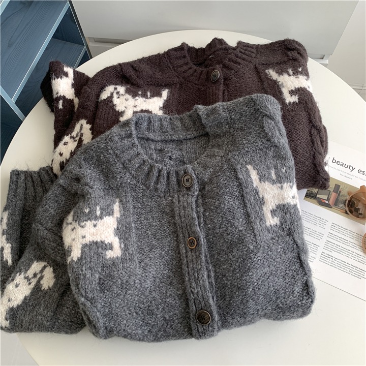 狗狗提花🐶🐶含羊毛！自留款<015>復古小狗造型懶惰風羊毛針織外套 針織開衫外套 韓羊毛上衣 毛衣外套 針織衫-細節圖5