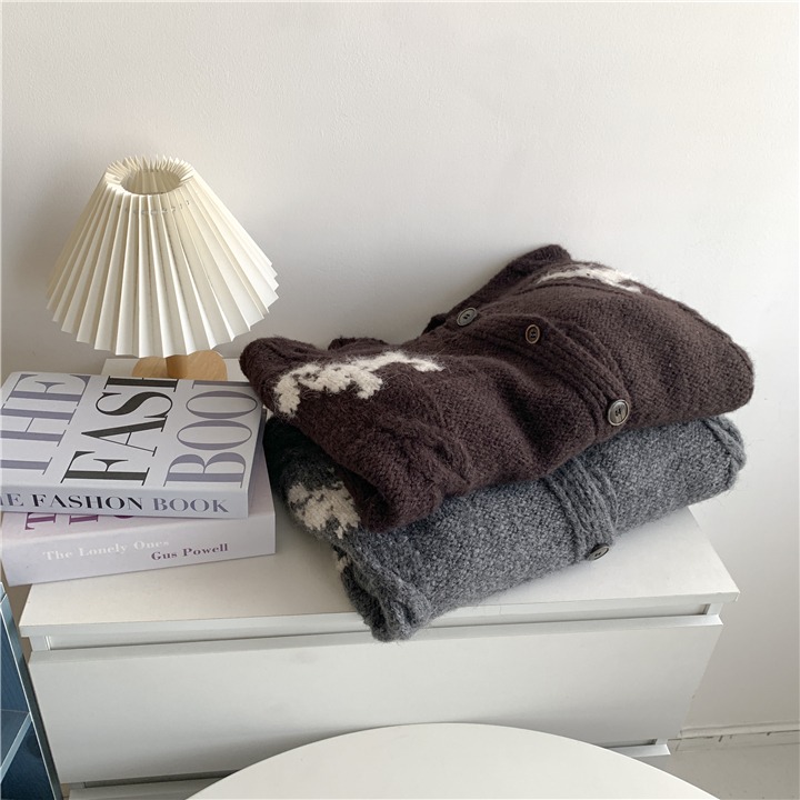 狗狗提花🐶🐶含羊毛！自留款<015>復古小狗造型懶惰風羊毛針織外套 針織開衫外套 韓羊毛上衣 毛衣外套 針織衫-細節圖6