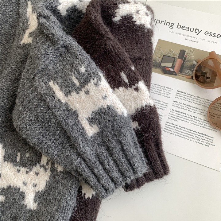 狗狗提花🐶🐶含羊毛！自留款<015>復古小狗造型懶惰風羊毛針織外套 針織開衫外套 韓羊毛上衣 毛衣外套 針織衫-細節圖7