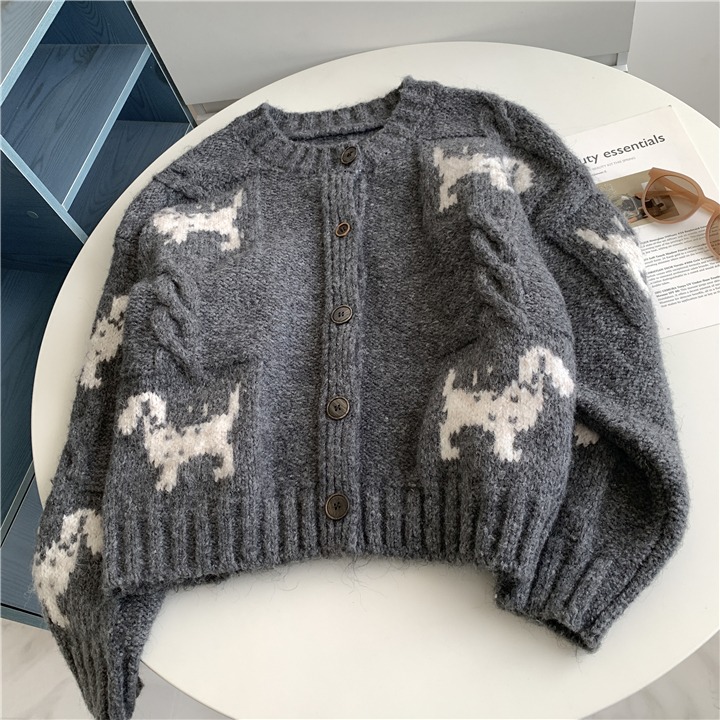 狗狗提花🐶🐶含羊毛！自留款<015>復古小狗造型懶惰風羊毛針織外套 針織開衫外套 韓羊毛上衣 毛衣外套 針織衫-細節圖8