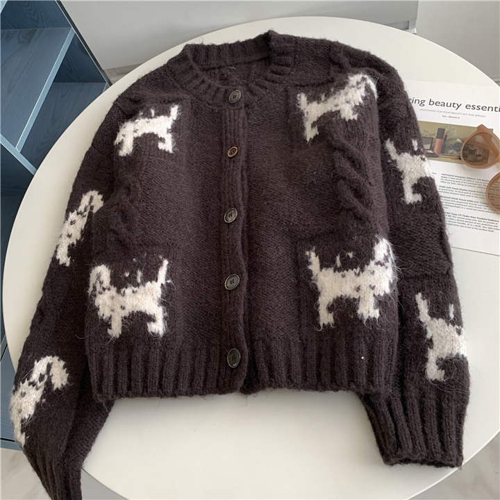 狗狗提花🐶🐶含羊毛！自留款<015>復古小狗造型懶惰風羊毛針織外套 針織開衫外套 韓羊毛上衣 毛衣外套 針織衫-細節圖9