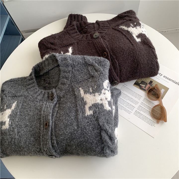 狗狗提花🐶🐶含羊毛！自留款<015>復古小狗造型懶惰風羊毛針織外套 針織開衫外套 韓羊毛上衣 毛衣外套 針織衫-細節圖11