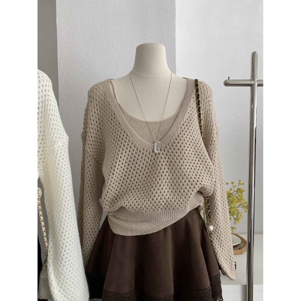 5163:: 早秋吊帶修身針織打底＋縷空休閒長袖毛衣兩件套-細節圖3