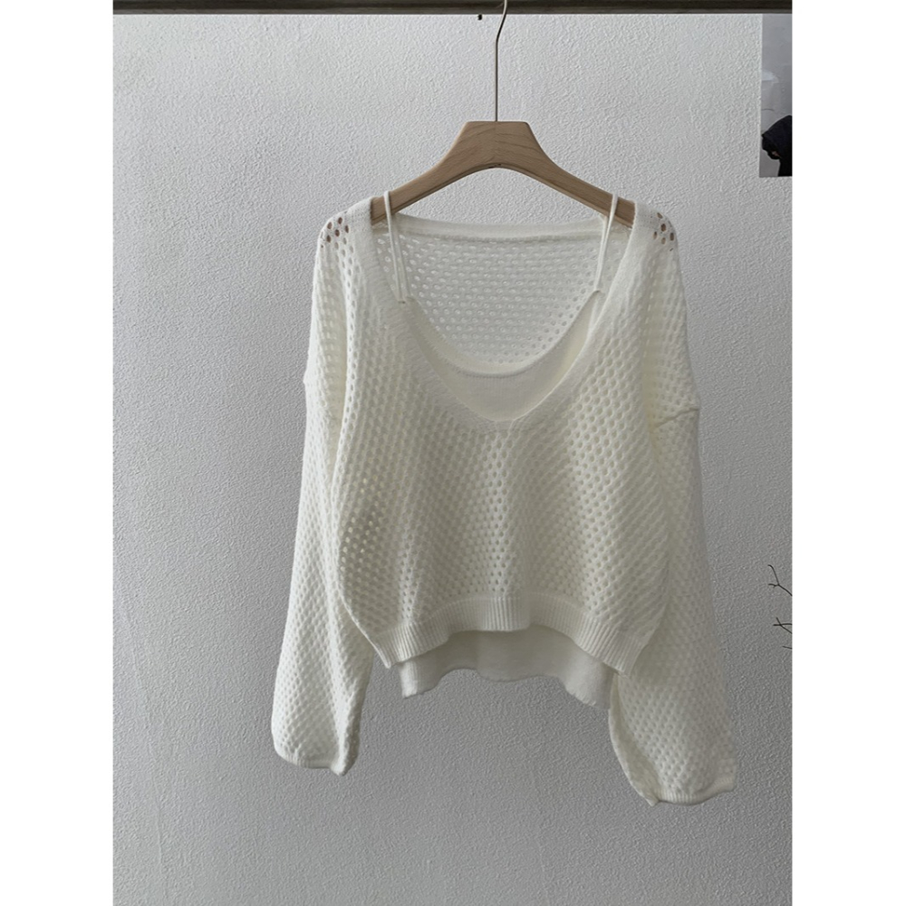 5163:: 早秋吊帶修身針織打底＋縷空休閒長袖毛衣兩件套-細節圖4