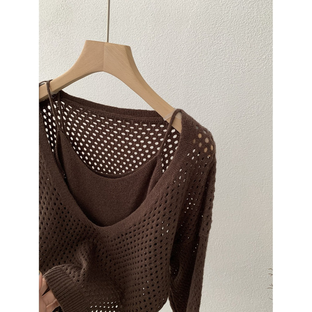 5163:: 早秋吊帶修身針織打底＋縷空休閒長袖毛衣兩件套-細節圖5