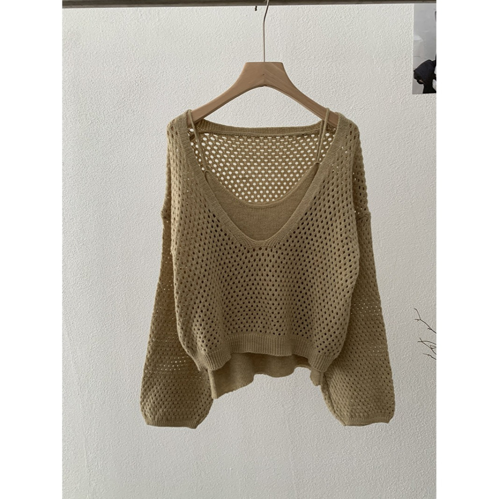 5163:: 早秋吊帶修身針織打底＋縷空休閒長袖毛衣兩件套-細節圖6