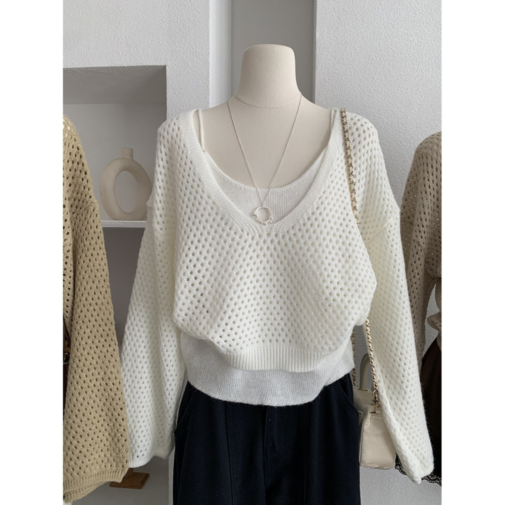 5163:: 早秋吊帶修身針織打底＋縷空休閒長袖毛衣兩件套-細節圖7