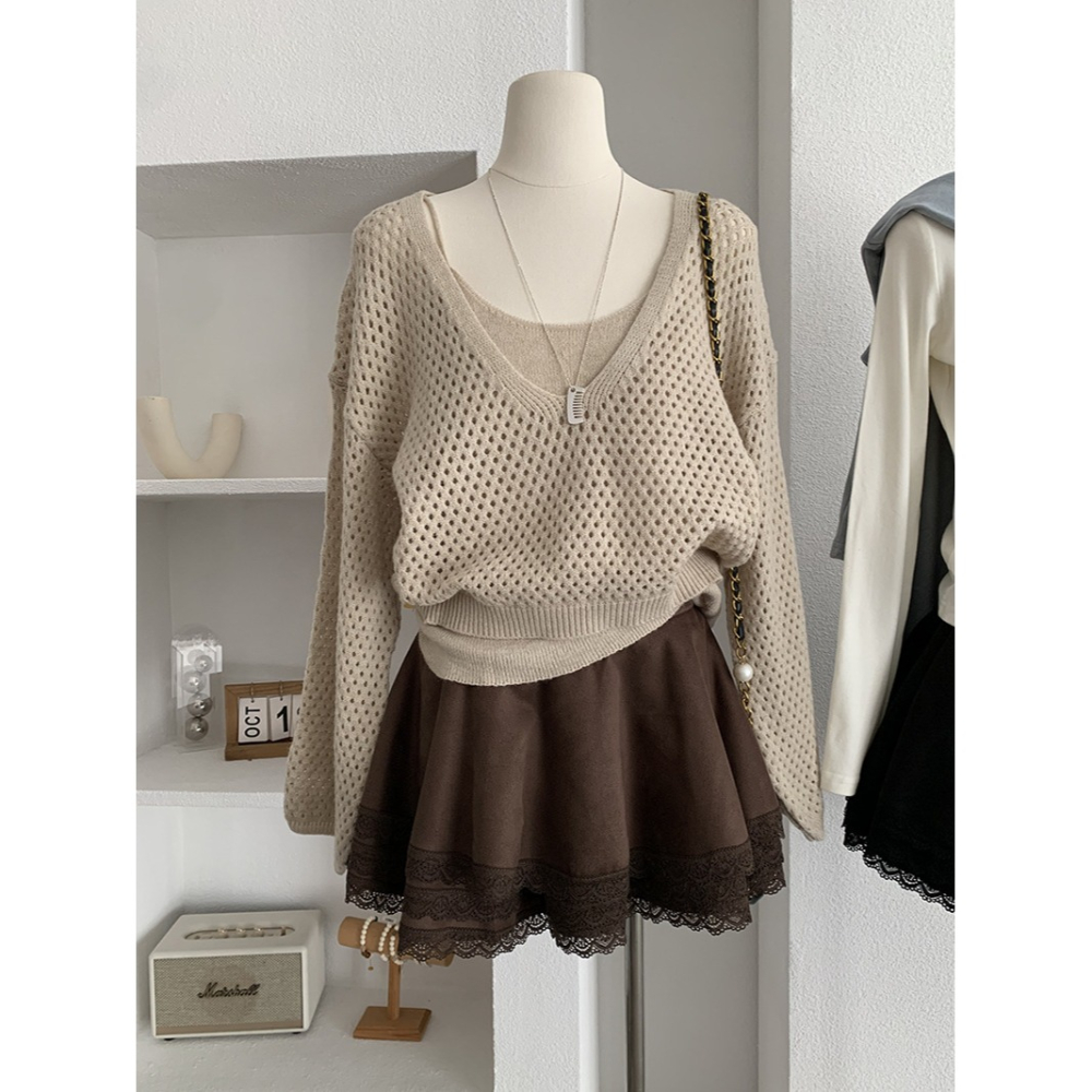 5163:: 早秋吊帶修身針織打底＋縷空休閒長袖毛衣兩件套-細節圖8