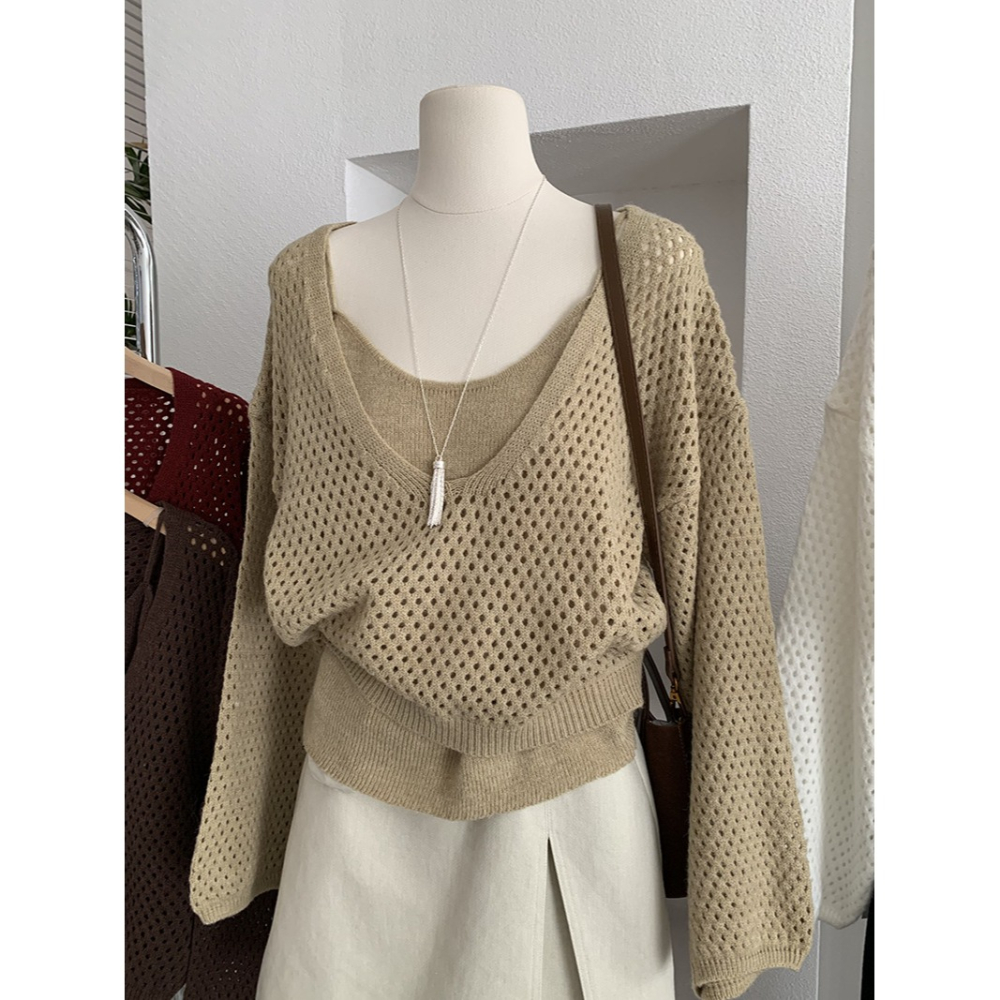 5163:: 早秋吊帶修身針織打底＋縷空休閒長袖毛衣兩件套-細節圖9