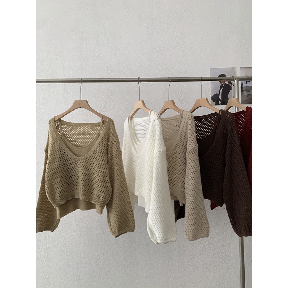 5163:: 早秋吊帶修身針織打底＋縷空休閒長袖毛衣兩件套-細節圖10