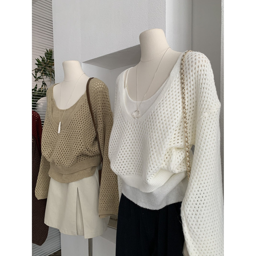 5163:: 早秋吊帶修身針織打底＋縷空休閒長袖毛衣兩件套-細節圖11