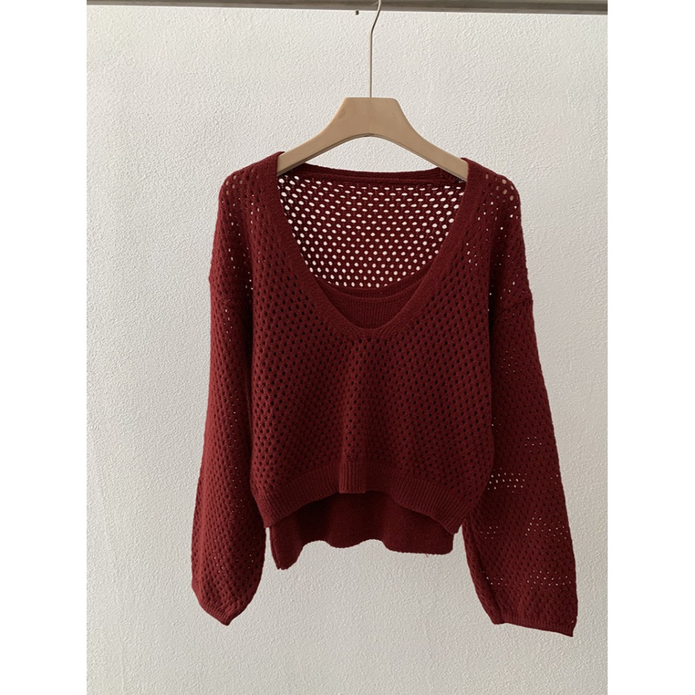 5163:: 早秋吊帶修身針織打底＋縷空休閒長袖毛衣兩件套-規格圖11