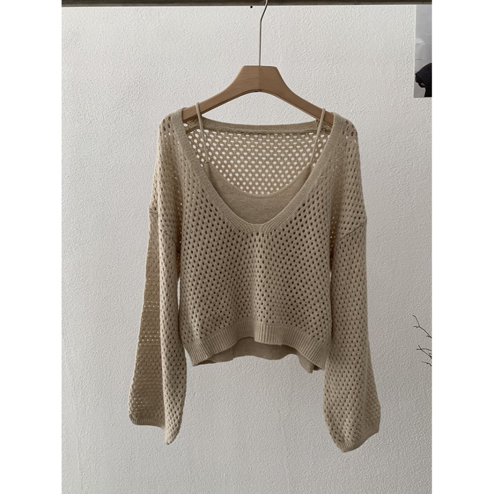 5163:: 早秋吊帶修身針織打底＋縷空休閒長袖毛衣兩件套-規格圖11