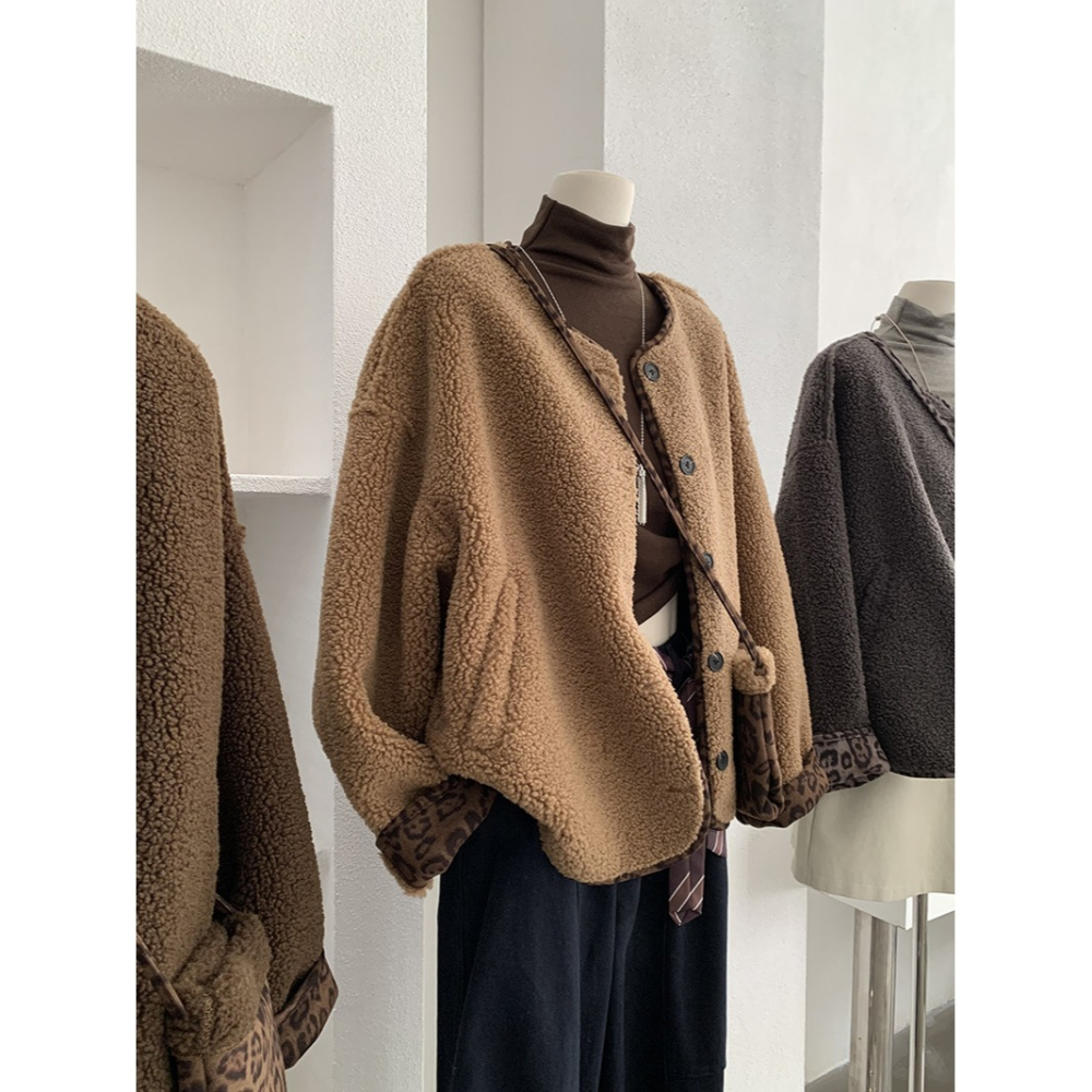 5160::撞色豹紋皮毛一體羊羔毛加厚長袖外套 長袖外套 毛外套-細節圖2