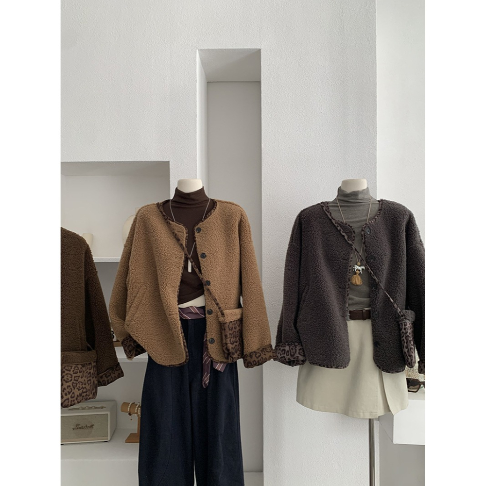 5160::撞色豹紋皮毛一體羊羔毛加厚長袖外套 長袖外套 毛外套-細節圖3