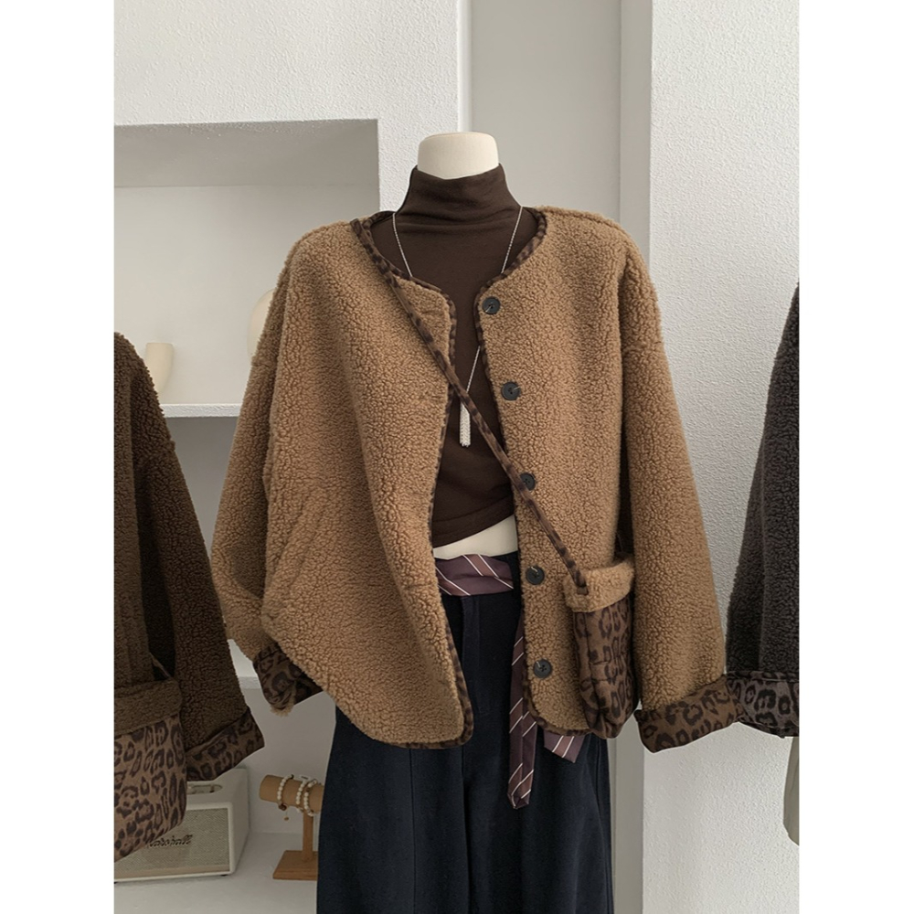 5160::撞色豹紋皮毛一體羊羔毛加厚長袖外套 長袖外套 毛外套-細節圖5