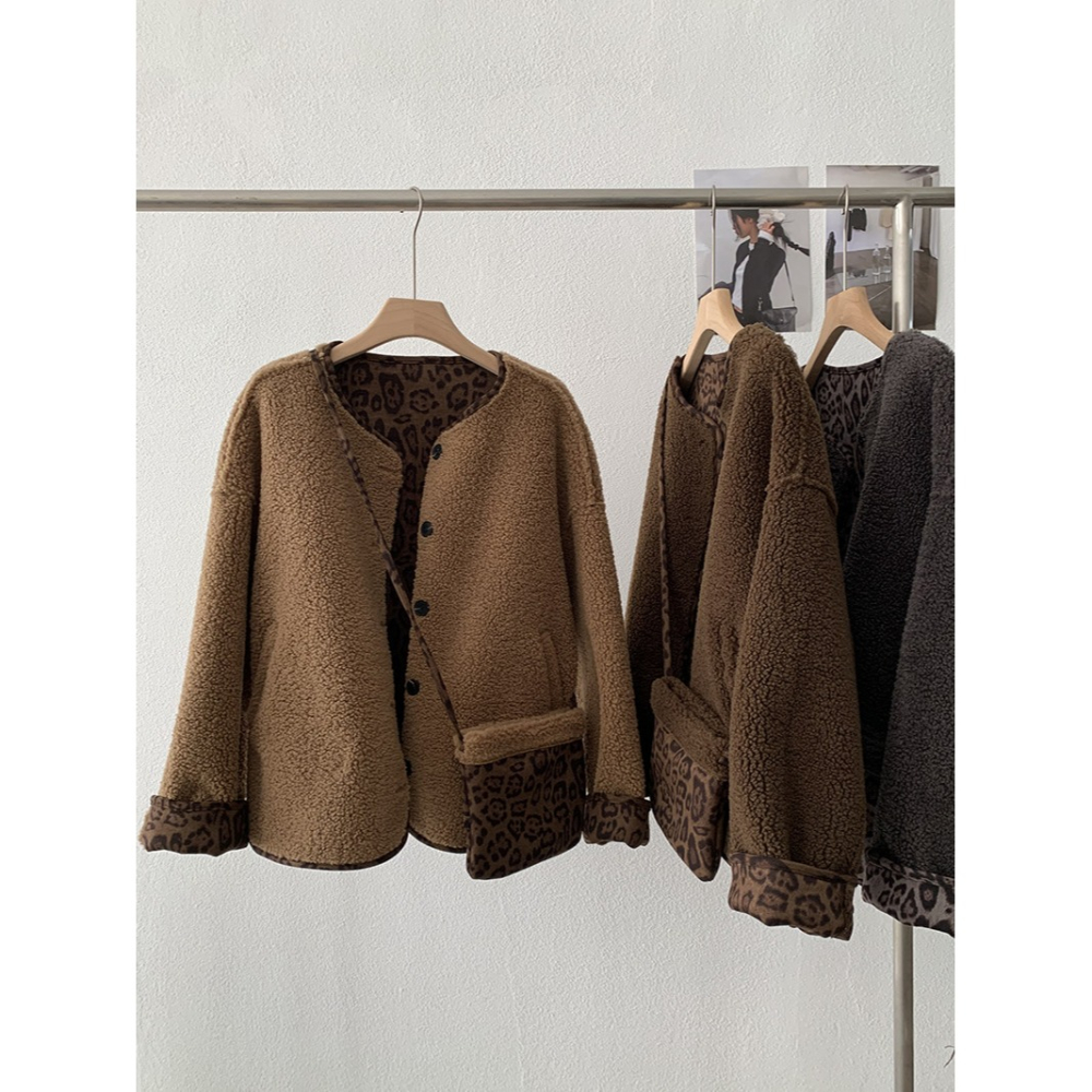 5160::撞色豹紋皮毛一體羊羔毛加厚長袖外套 長袖外套 毛外套-細節圖6